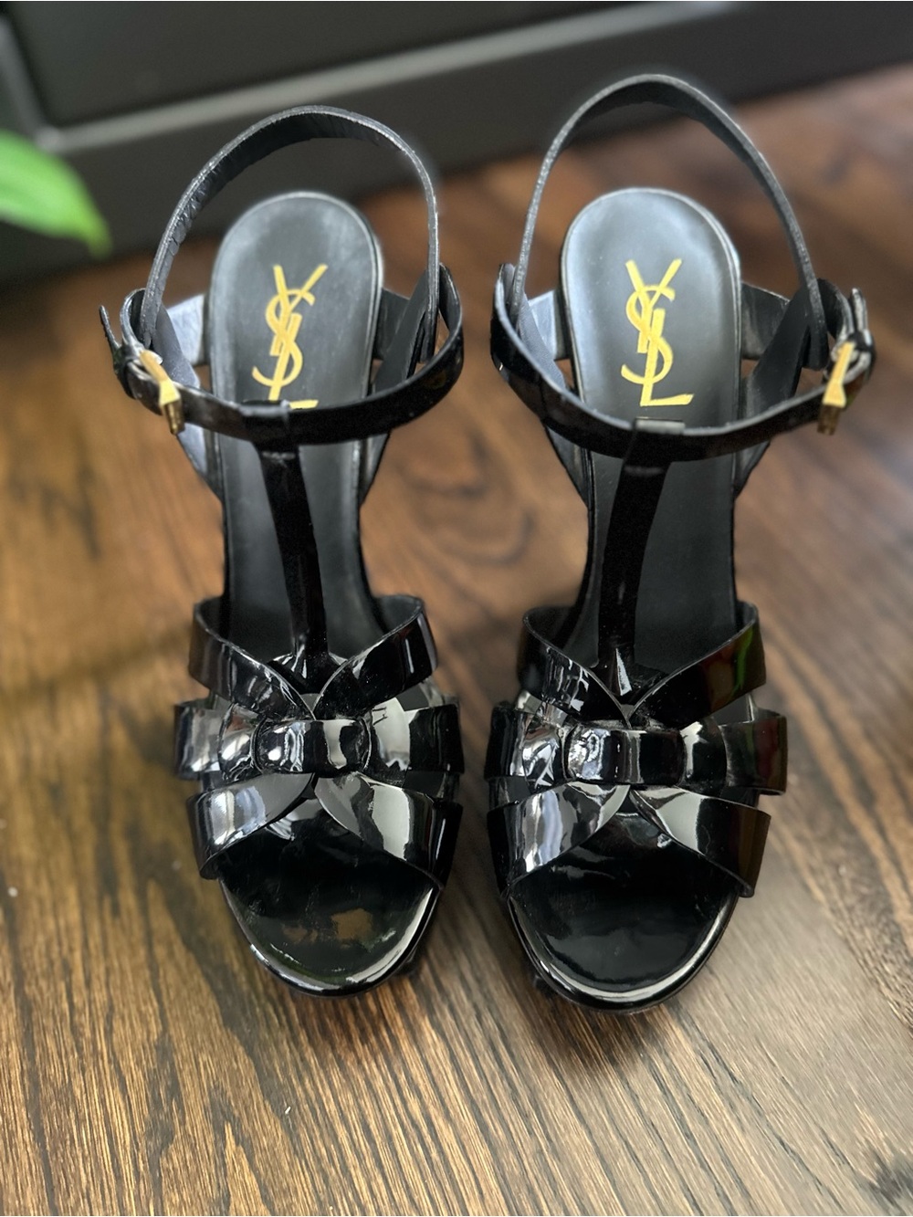 Saint Laurent Glossy Black Patent T-Strap Heeled Sandals